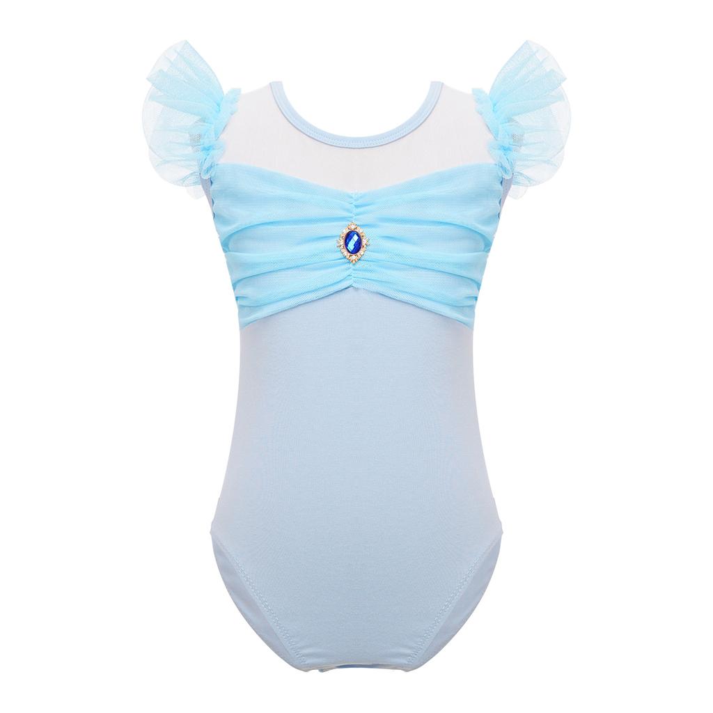 Girls Ruffle Sleeve Leotard Ruched Mesh Patchwork Cutout Back Bodysuit