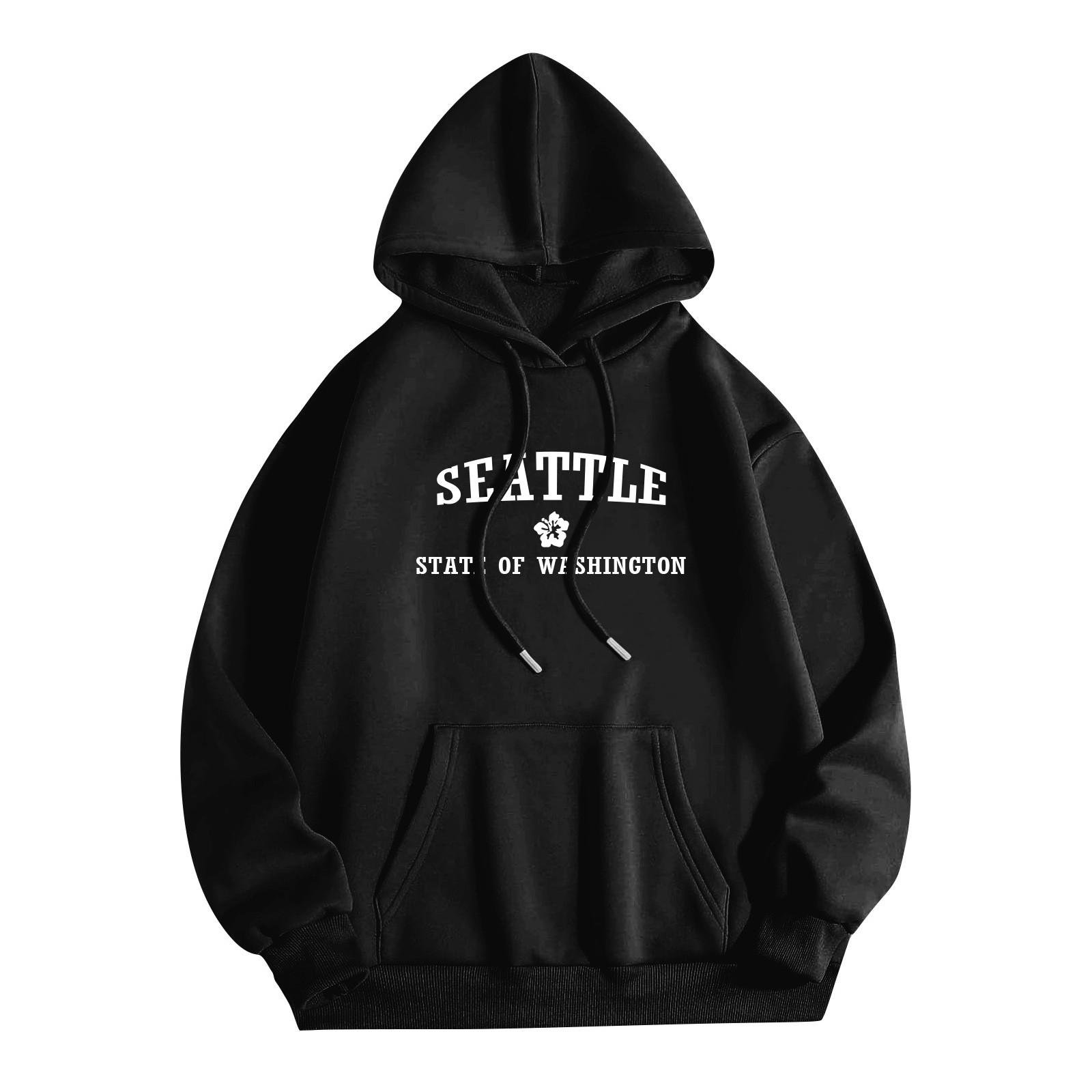 Женская мода O-образный вырез с длинным рукавом и принтом, толстовка с капюшоном L чёрный