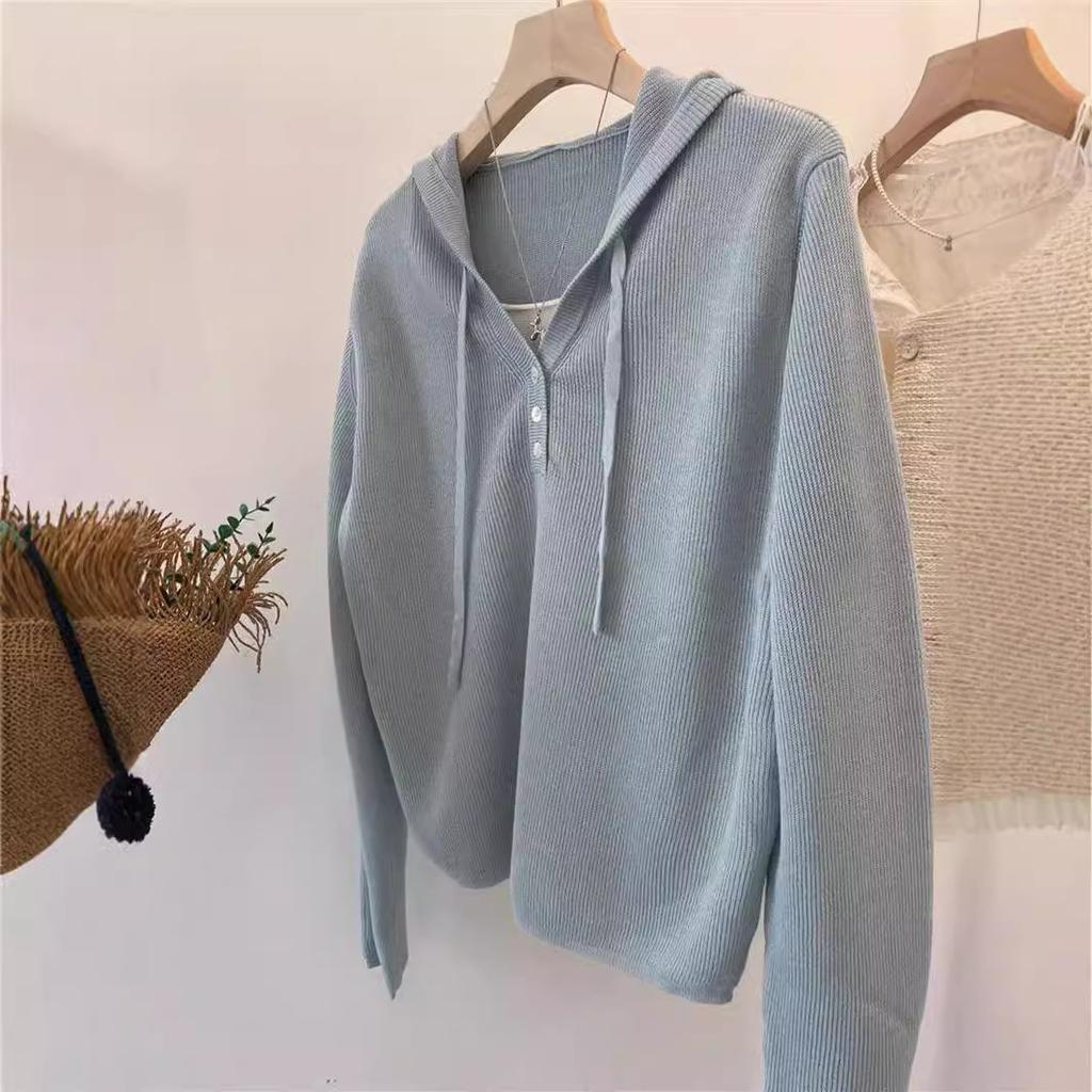 Classic group! Trendy fake two-piece half-open button hooded Tencel hemp knitted sweater hoodie women's short top tide