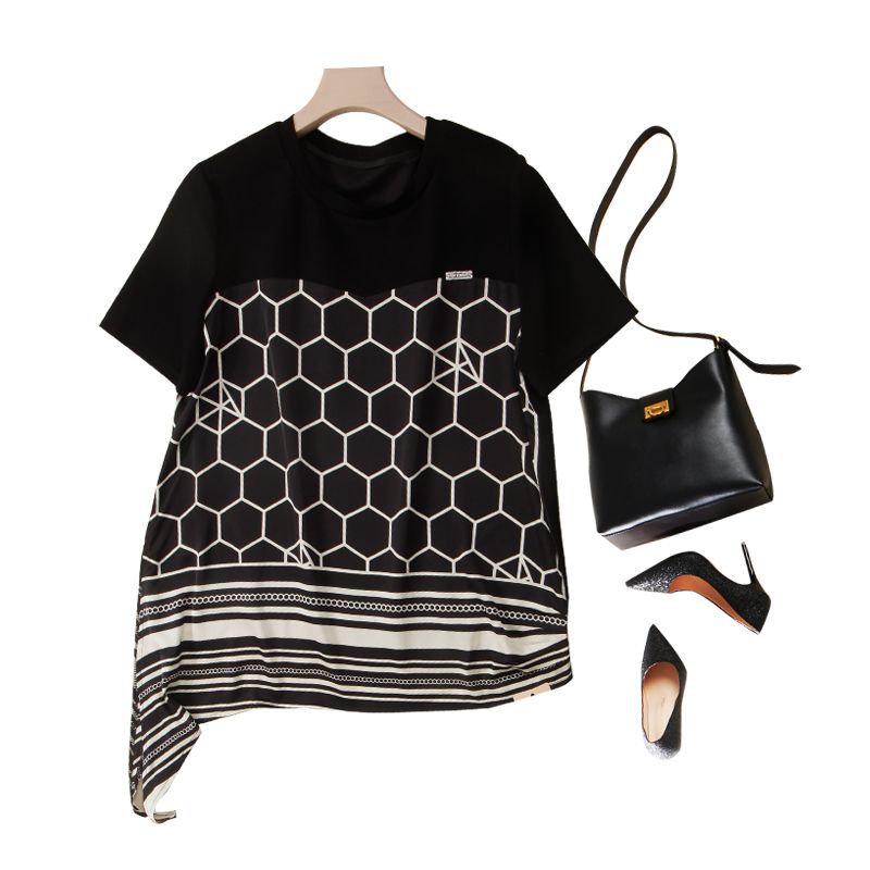 

T-shirt with Different Feeling! Women s Asymmetrical Drawstring Patchwork Fake Two-Piece Geometric Pattern T-shirt Summer Easiest for Match Black L