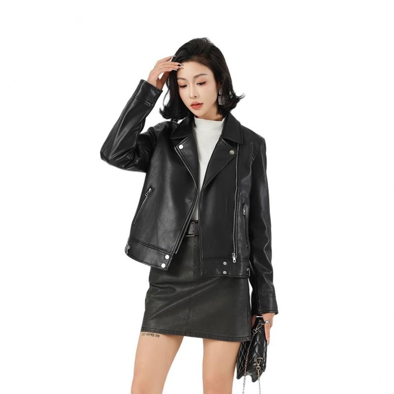 Womens Short PU Leather Jacket With Notched Lapel Slim Fit Biker Style Office Casual Wear