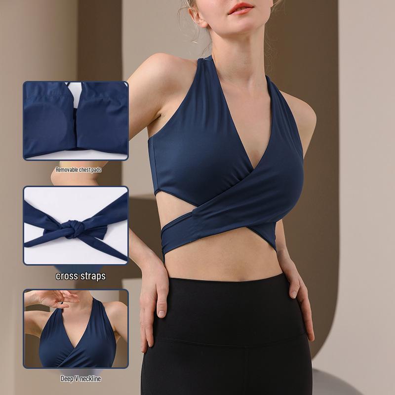V-Neck Cross-Border Bandage Sports Bra – Shockproof, Gathered Back for Yoga & Running