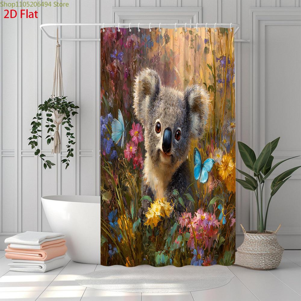 1pc Cute Koala Shower Curtain with 12 Hooks - Koalas, Flowers & Butterflies in eucalyptus Forest Design, Suitable for Bathtub