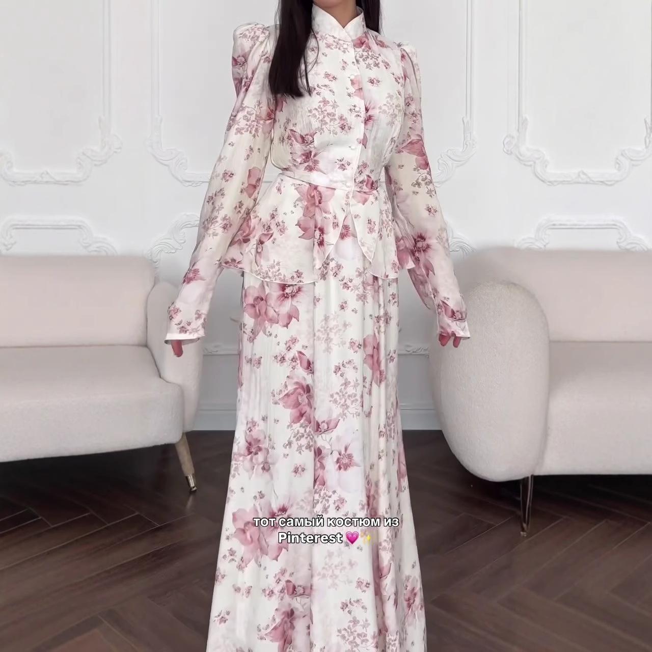 2025 autumn Europe, America, Amazon cross-border new elegant temperament slim waist French floral skirt set XS розовый