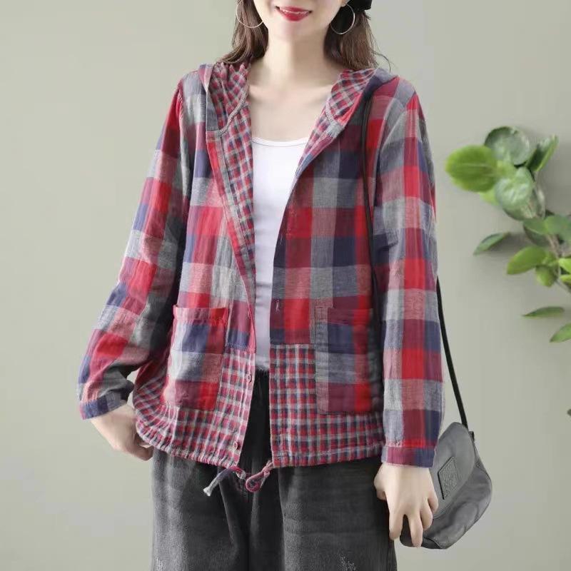 Spring Autumn Cotton Korean Fashion Women Spring Loose Hooded Plaid Shirts Ladies Linen Casual Blouses Females Classic Oversized Tops