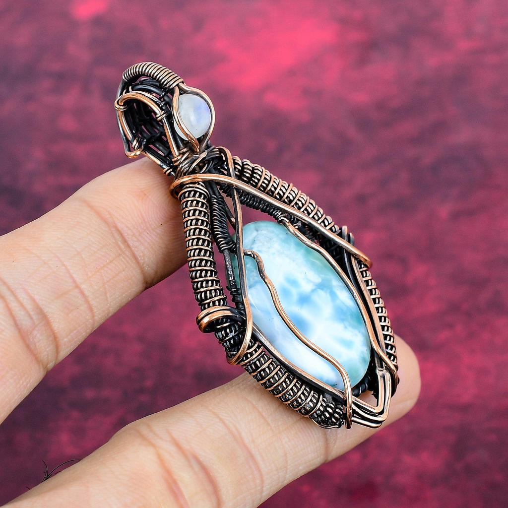 Larimar Gemstone Pendant Rainbow Moonstone Pendant Copper Wire Wrapped Jewelry