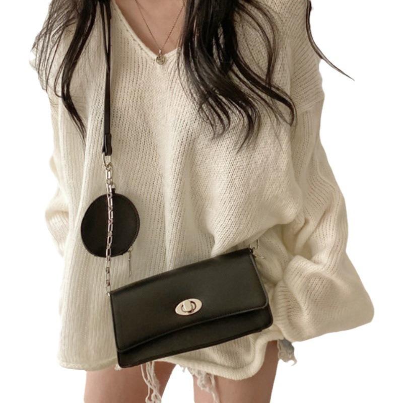 Early Autumn New Loose Lazy Style V-neck Roll Edge Split Fork Fashion Pullover Sweater Women Wear All-match