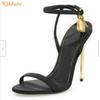 Fashion Metallic Heel Lock Ankle Strap Sandals Round Toe Slingback One Word Belt High Heels Stiletto Heel Women Fashion Sandals Padlock