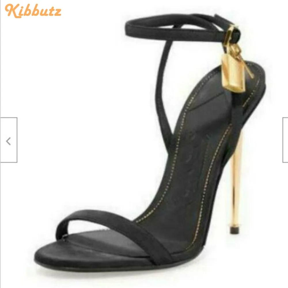 Fashion Metallic Heel Lock Ankle Strap Sandals Round Toe Slingback One Word Belt High Heels Stiletto Heel Women Fashion Sandals Padlock