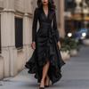 women's Wrap V Neck Satin Long Sleeve Maxi Dress High Waist Ruffled Split Evening Party Gown