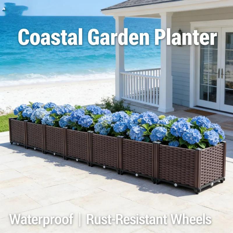 Outdoor Deepened 6-Cell Planter Box 222x37x34cm Thick Plastic Raised Garden Bed for Vegetable Growing Balcony Farming