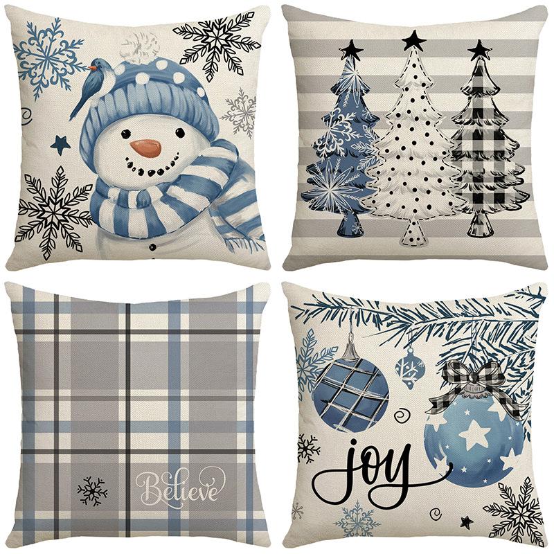 Blue Little Snowman Snowflake Element Festive Warm Atmosphere Pillowcase Linen Print Pillow Bedroom Bedside Mat