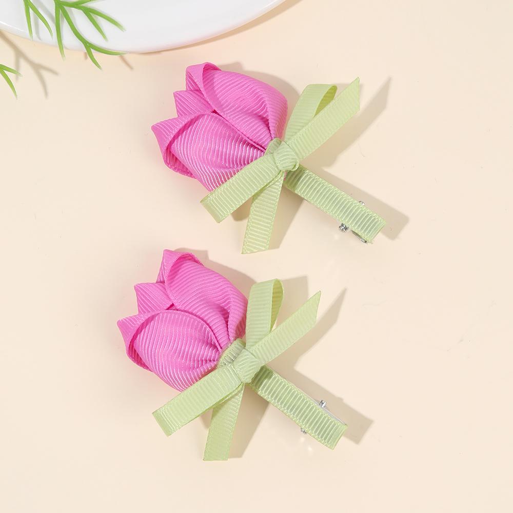 2Pcs Tulip Floral Hair Clips 3D Flower Ribbon Bow Hairpin Korean Style Spring Sweet Baby Girl Children Hair Accessories Headwear