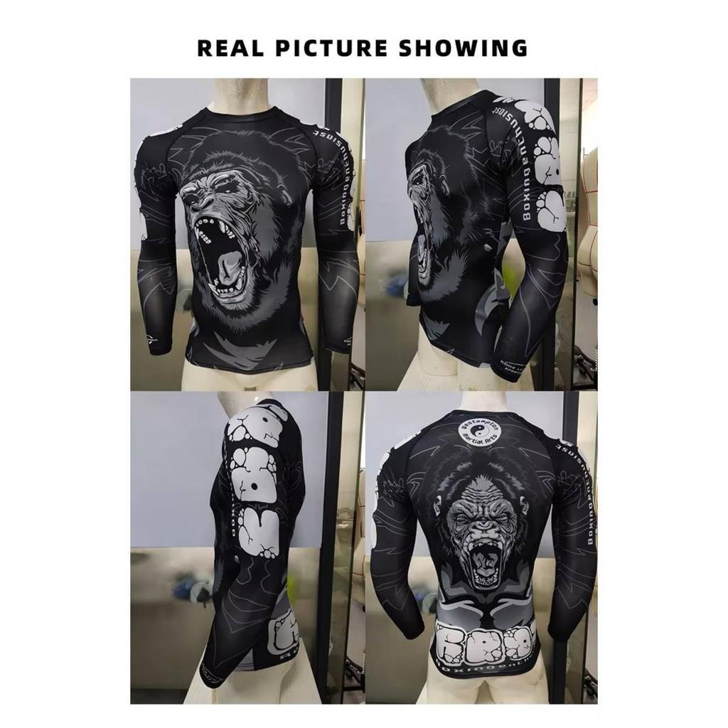 Muay Thai Kickboxing Boxing MMA UFC Shirt Slim Athletic Fit Long Sleeve Round O Neck Gym Unisex Men Women Fitness Workout Quick Dry Print Training Tee