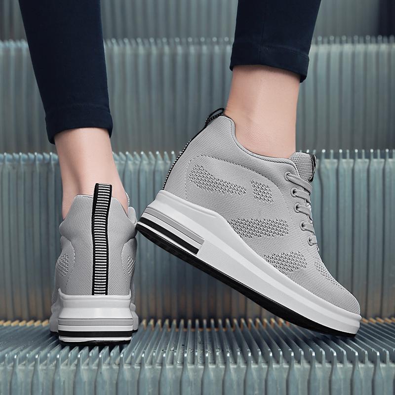 

Fashion Interior Height Increasing Women Shoes Korean Style White Casual Thick Soled Mesh Flat Shoes Spring Autumn Walking High Heels 34 серый
