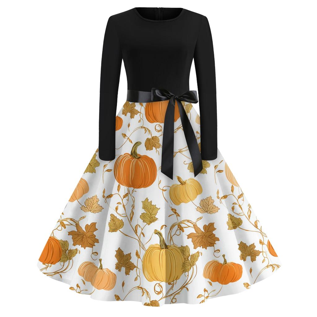 Women Casual Vintage Halloween Dress Long Sleeve Round Neck Fit and Flare Midi Dress with Halloween Tree and Ghost Print and Waist Tie