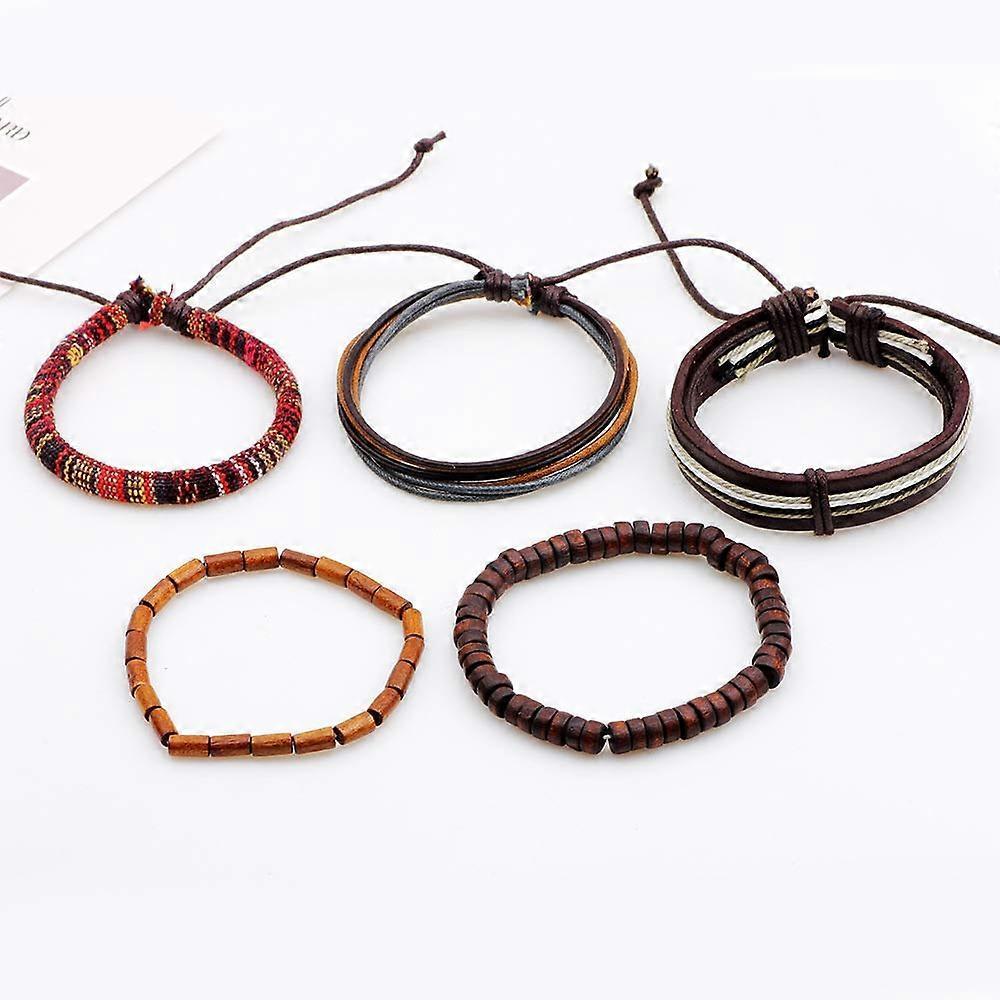 Mixed Mens Bracelets Adjustable Handmade Multi Strand Braided Cowhide Bracelets Woven Leather Wristbands Wooden