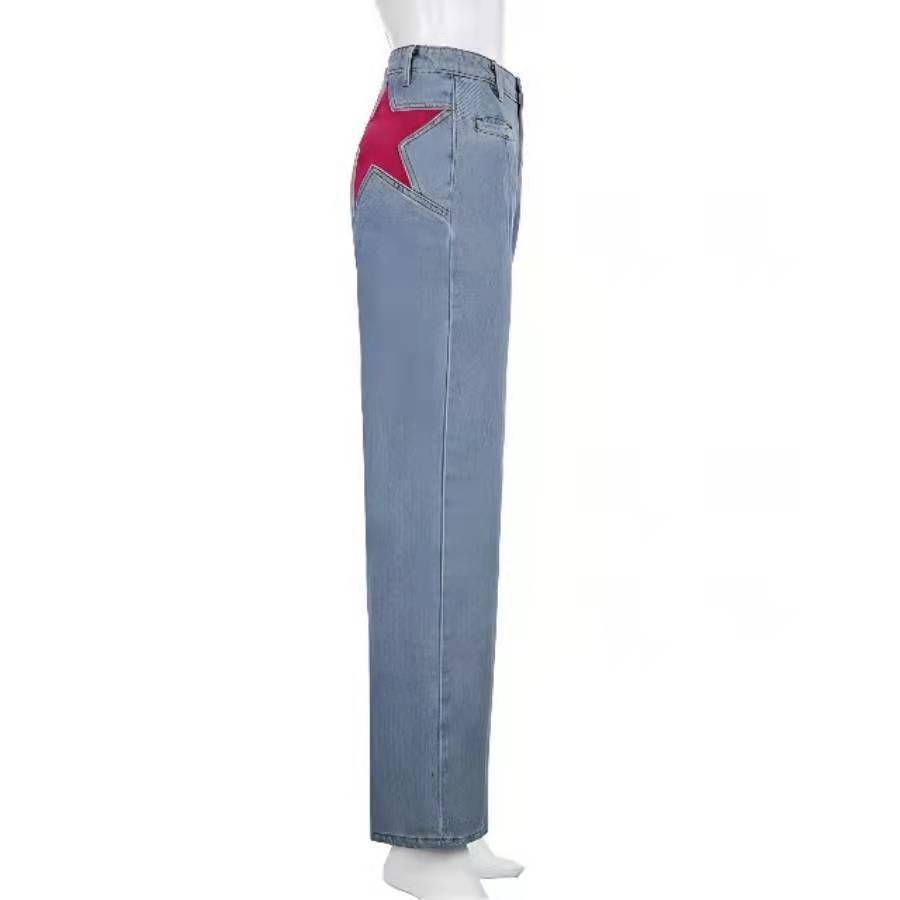 Spring and Summer Retro Mid-waisted Back Pentagonal Collision Star Long Pants Casual Denim Micro Trousers