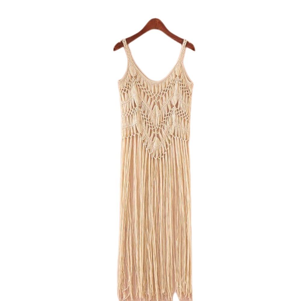 Polyester Fibre Beach Dress Bohemian Style Tassel Vest Elegant Knit Gown Beach Vacation