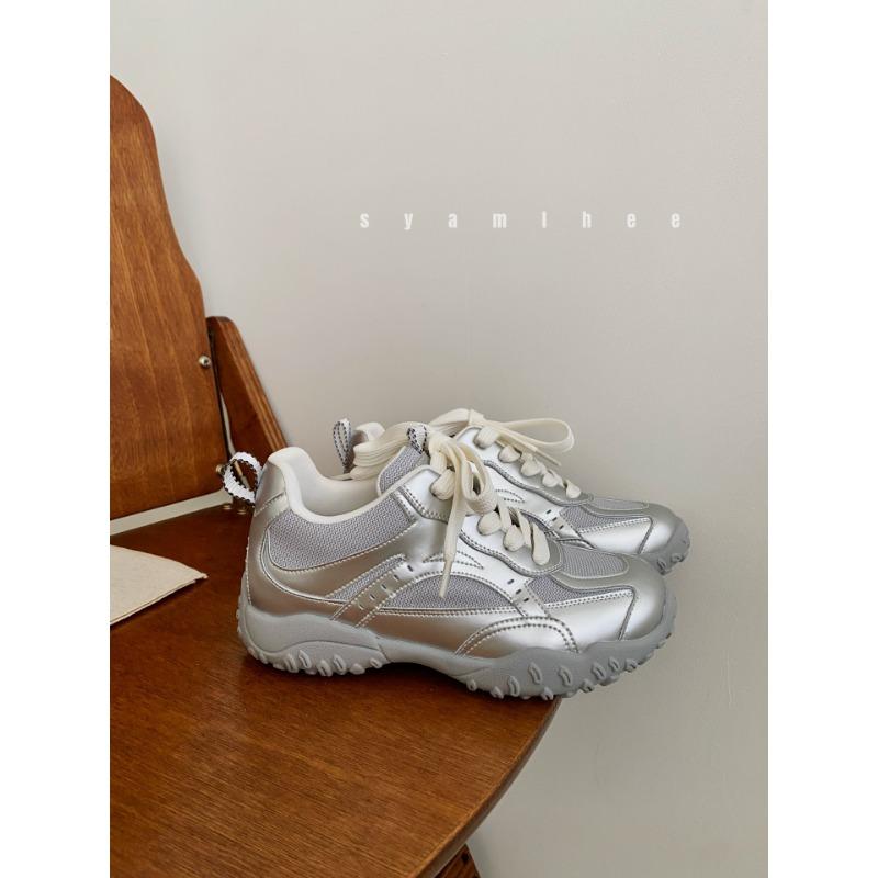 Leather women's new mesh breathable color matching casual shoes fashionable non-slip lightweight lace-up