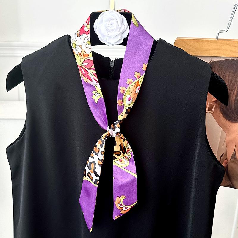 Long silk scarf new niche fashion versatile plaid leopard print neck scarf headscarf headband hair tie decorative belt