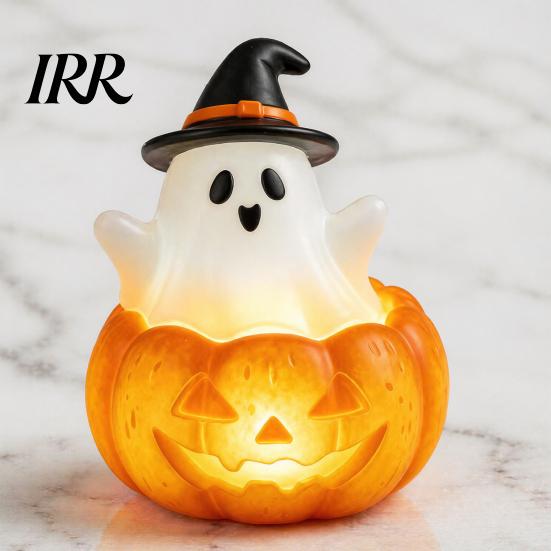 Resin Pumpkin Night Light Halloween Cute Up Ghost Decoration, Small Statue Light, Lighted Figurine for Home Table Decoration Indoor, Kitchen