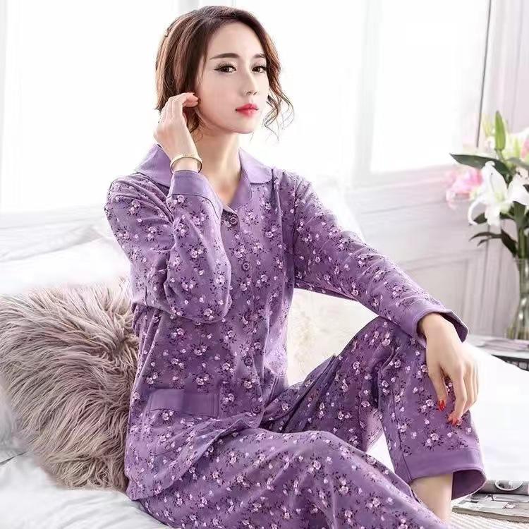 Women's Cotton Long-Sleeve Pajamas for Middle-Aged & Elderly - Loose Cardigan for Autumn