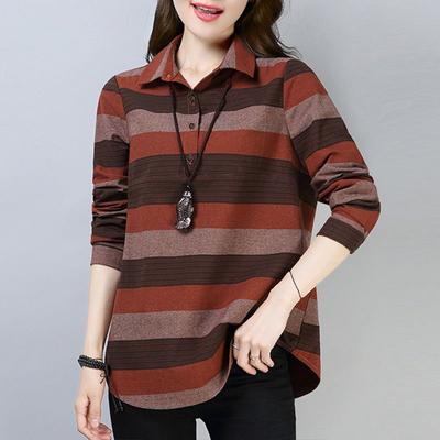 Korean Cotton Hemp Women Polo-Neck Striped Button Patchwork Temperament All-match Loose Long Sleeve Shirts Tops