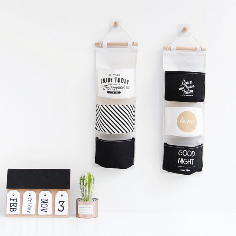 3 Pockets Hanging Storage Bag Wall Mounted Wardrobe Sundries Hanging Bag Cotton Linen Bathroom Toiletry Home Decor Hanging Bag