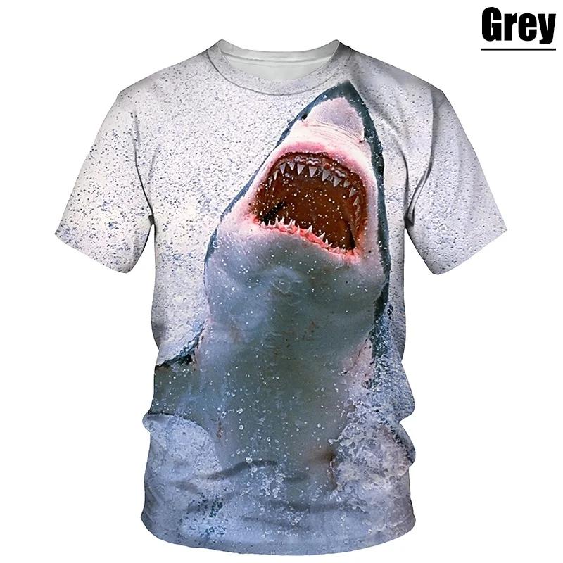 Hot New Men's T-Shirt with Large White Shark Print, Vintage Summer Casual Fashion, Crew Neck Short Sleeve Top