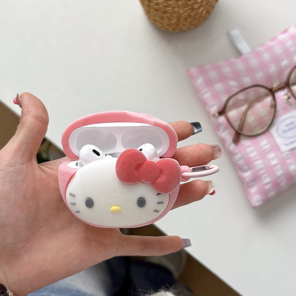 Cute 3D Cartoon Flocked Peach Hello Kitty Earphone Case For Airpods Pro3 Pro2 Pro Airpods 1 2 3 4 Silicone Headphone Cover