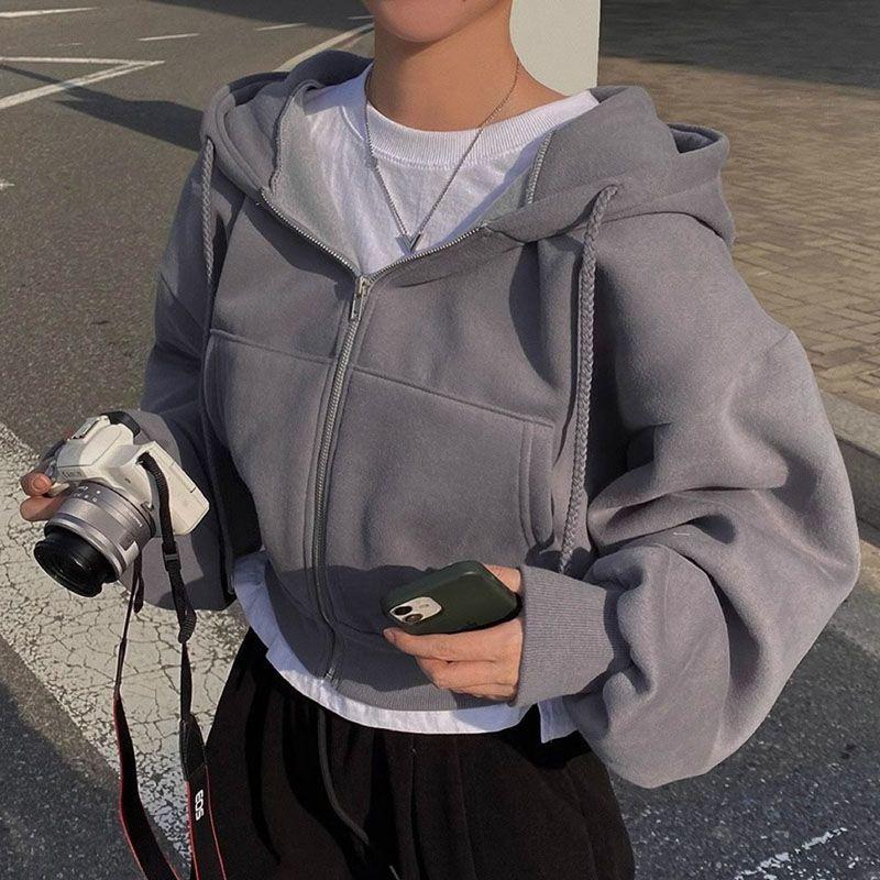 Spring Autumn Insfleece-lined Versatile Cropped Slims Smooths Silhouette Zip-up Warm Navy Blue Hooded Sweatshirt Women S 1980₽