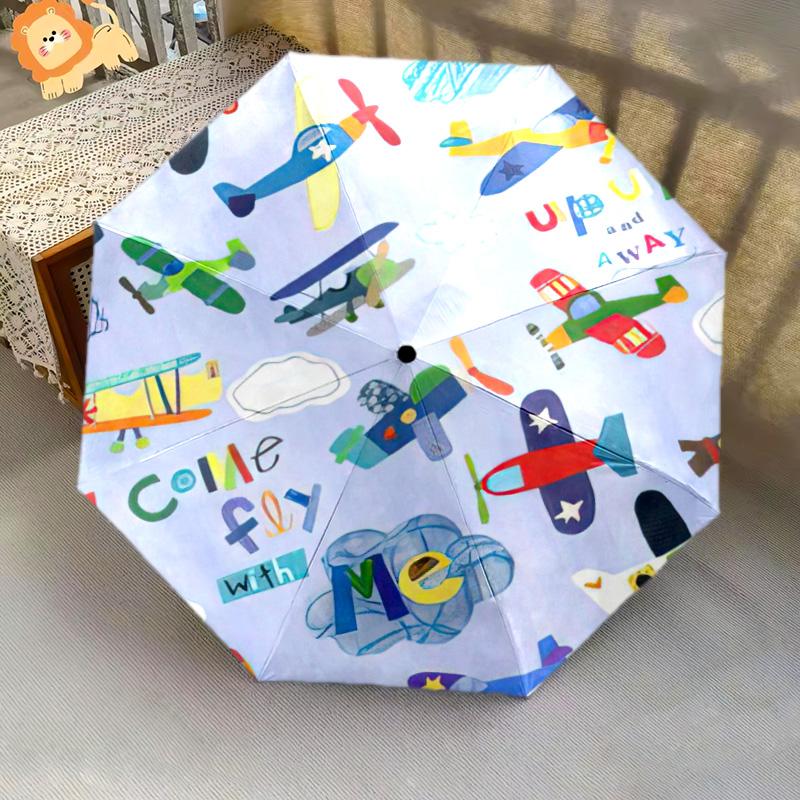 1pc Airplane Theme Pattern Umbrella Portable Folding Umbrella Iron Frame Hole Bone Structure Outdoor Home Umbrella
