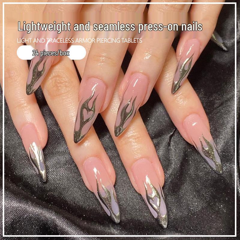 24-Piece Silver Flame Long Teardrop Nude Nail Art Set - Wearable, Removable Fake Nails
