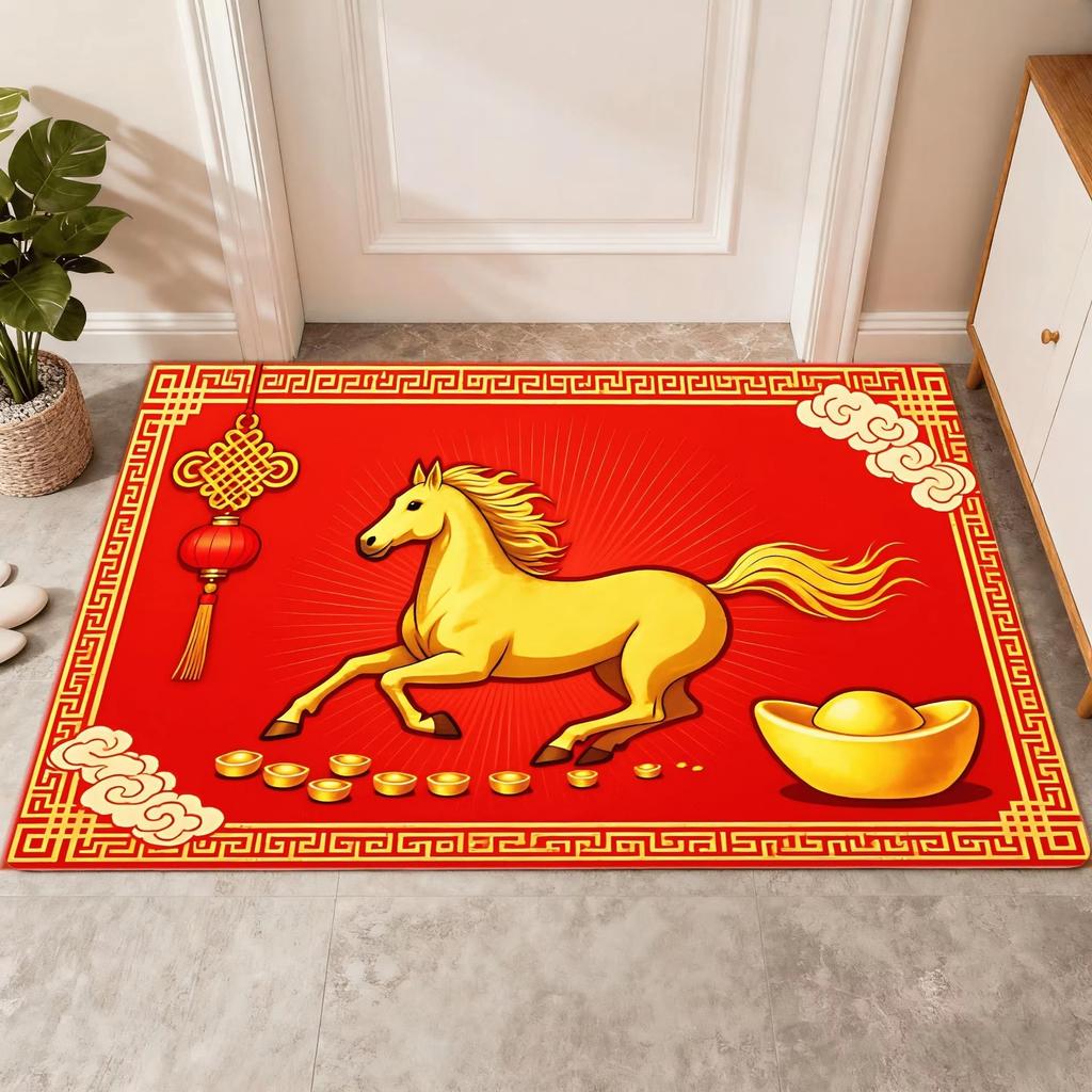 Chinese Style Carpet Red Horse Pattern Carpet Chinese New Year Living Room Entrance Non Slip Mat Home Decoration Rug