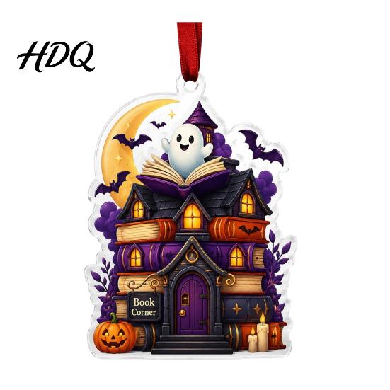 Spooky Home Decor Halloween Reading Ghost Hanging Ornament Acrylic Holding Book Pumpkin Mummy Ornament Black Cat Decor 2D Cartoon Bookish