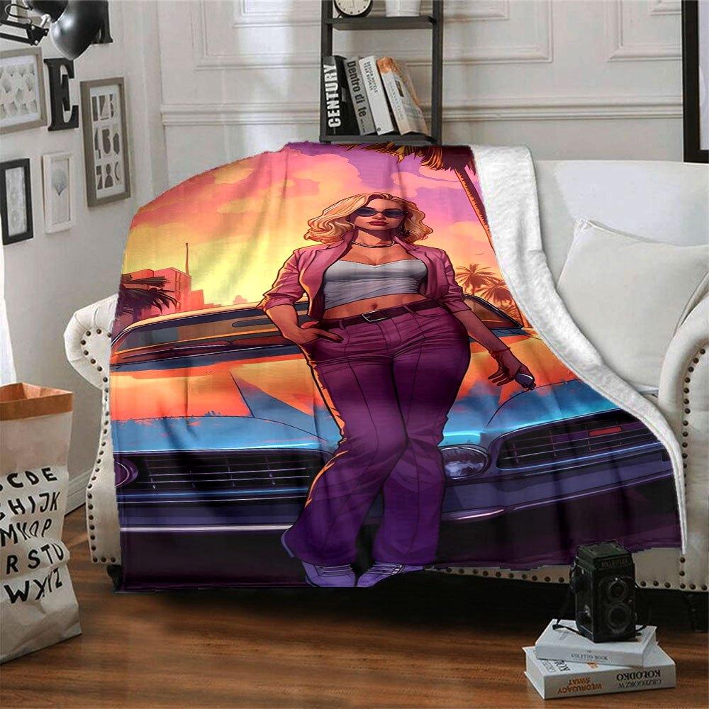 1 buc. Pătură moale din flanelă Grand Theft Auto cu imprimeu de designer O pătură confortabilă pentru toate anotimpurile, perfectă pentru canapea, pat, birou