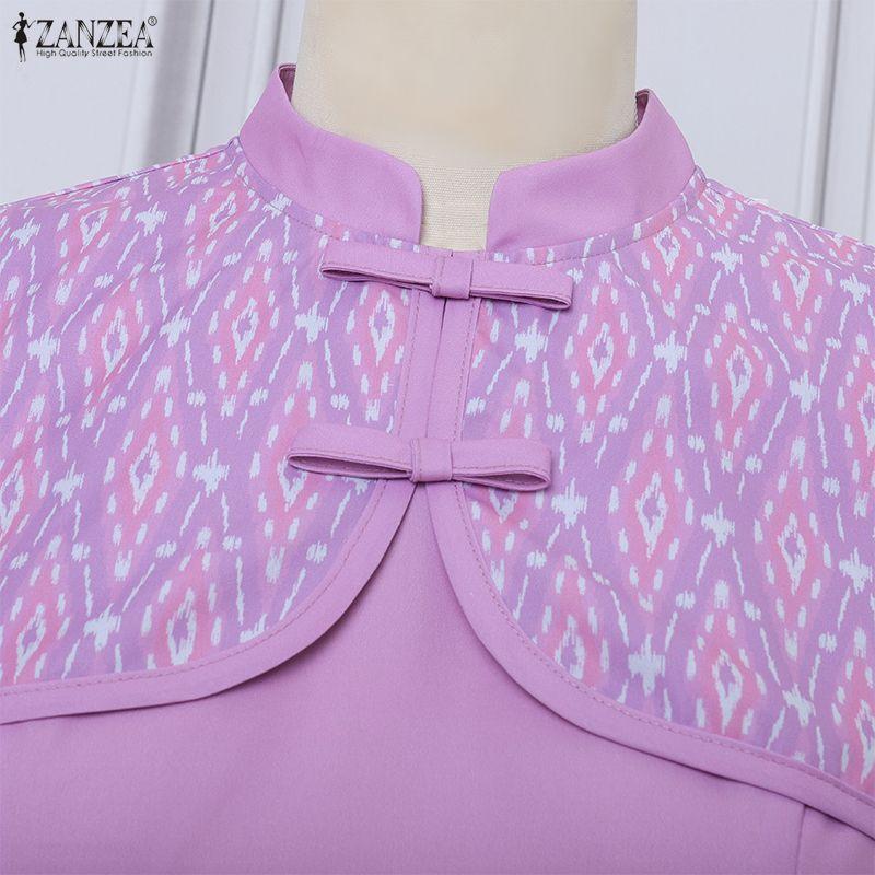 ZANZEA Women Summer Stand Collar Casual Short Sleeve Print Dress