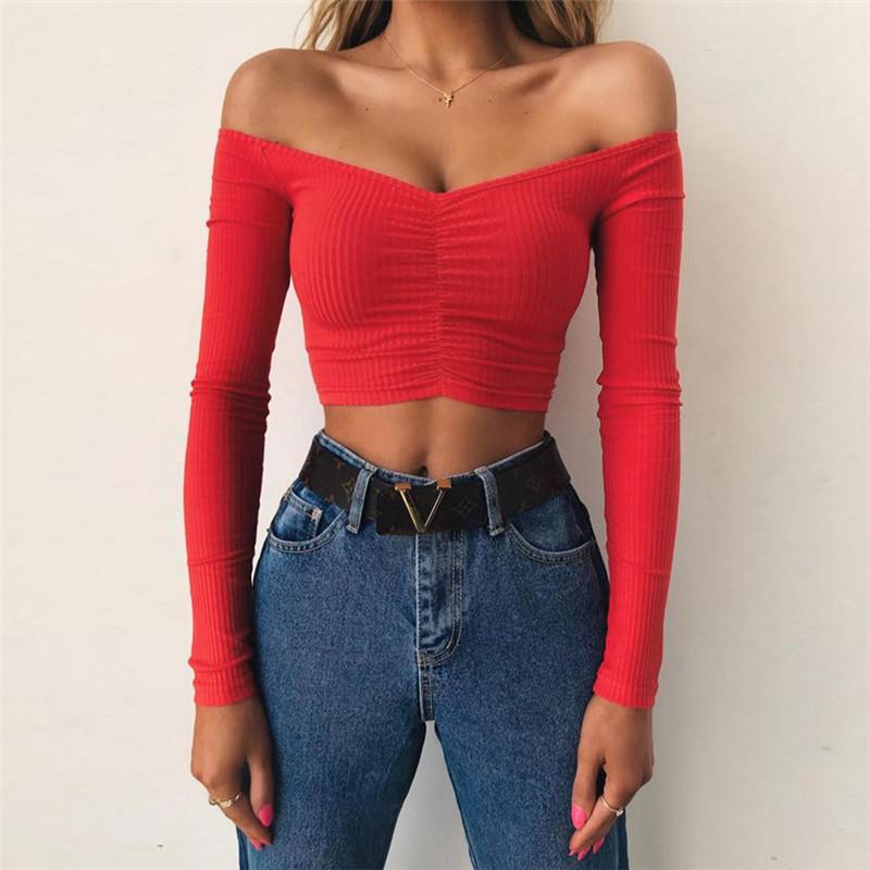 European and American women's clothing bottoming shirt slim-fitting open-navel long-sleeved t-shirt women's design sense one-word shoulder top women's