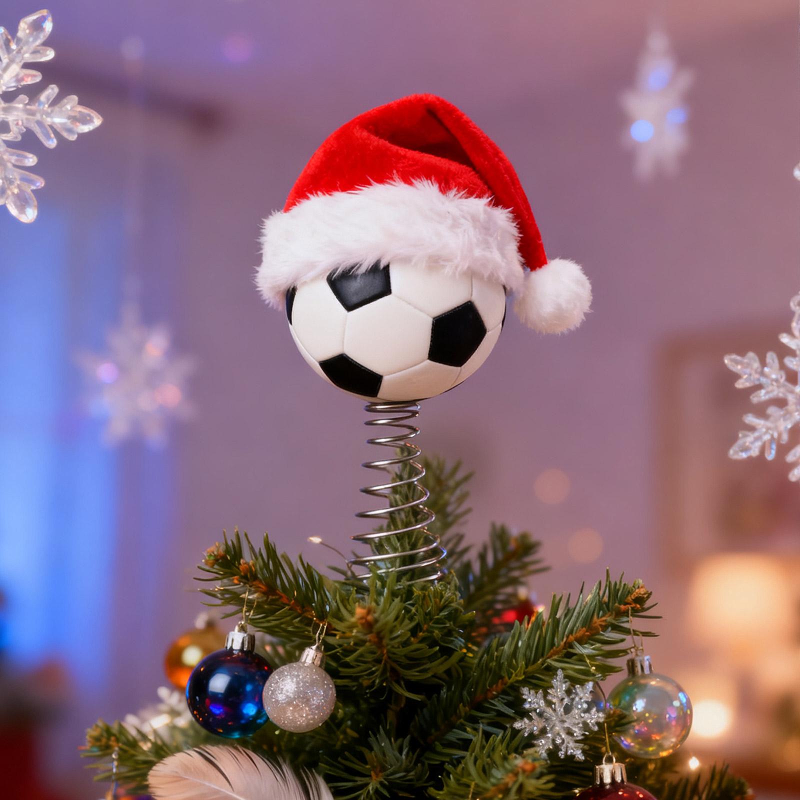 

Christmas Tree Top Decoration - Santa Hat and Soccer Ball Christmas Tree Topper, Football Christmas Topper Decor Xmas Decor