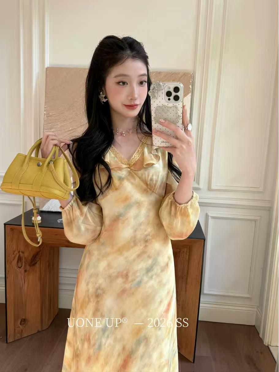 UONE2026 Spring French Resort V-Neck Tie-Dye Waist-Cinched Long Sleeve Slimming Dress for Women L жёлтый