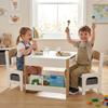 Three-Piece Kids Table and Chair Set with Blackboard, Storage, Bookshelves - Natural Wood