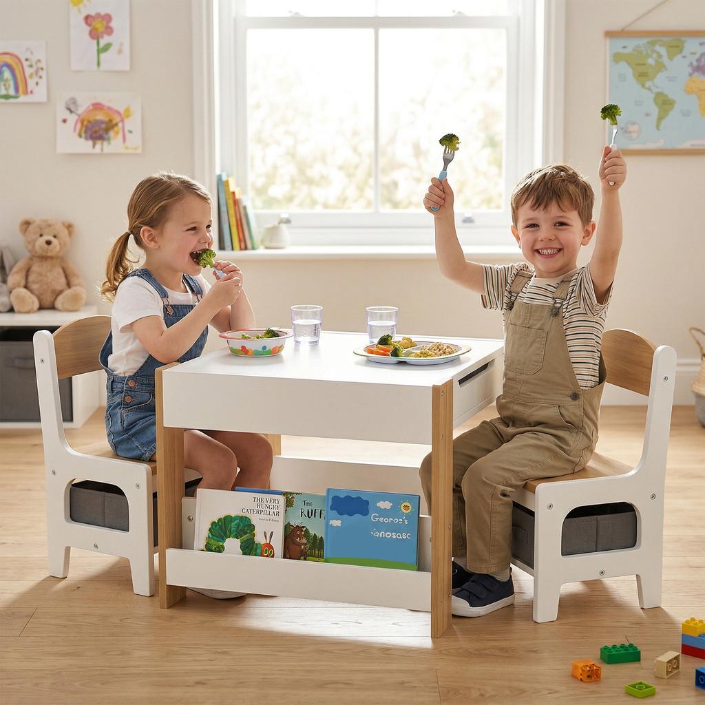 Three-Piece Kids Table and Chair Set with Blackboard, Storage, Bookshelves - Natural Wood