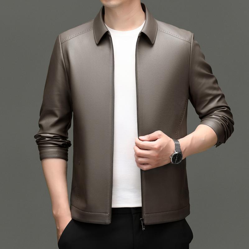 Haining leather jacket men's lapel leather jacket autumn and winter new men's clothing middle-aged and young business casual zipper leather jacke