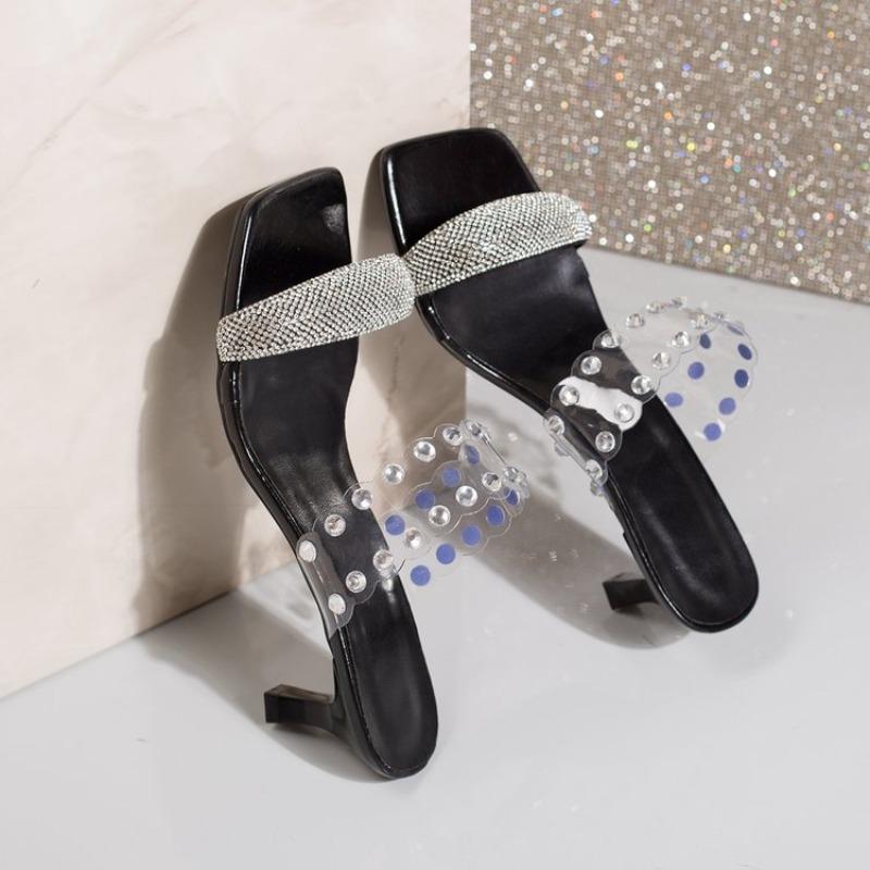 Higher Quality Rhinestone Thin Heel Women Sandals Transparent PVC Fashion Square Toe Slide Sandals Sexy Open Toe Designer Shoes