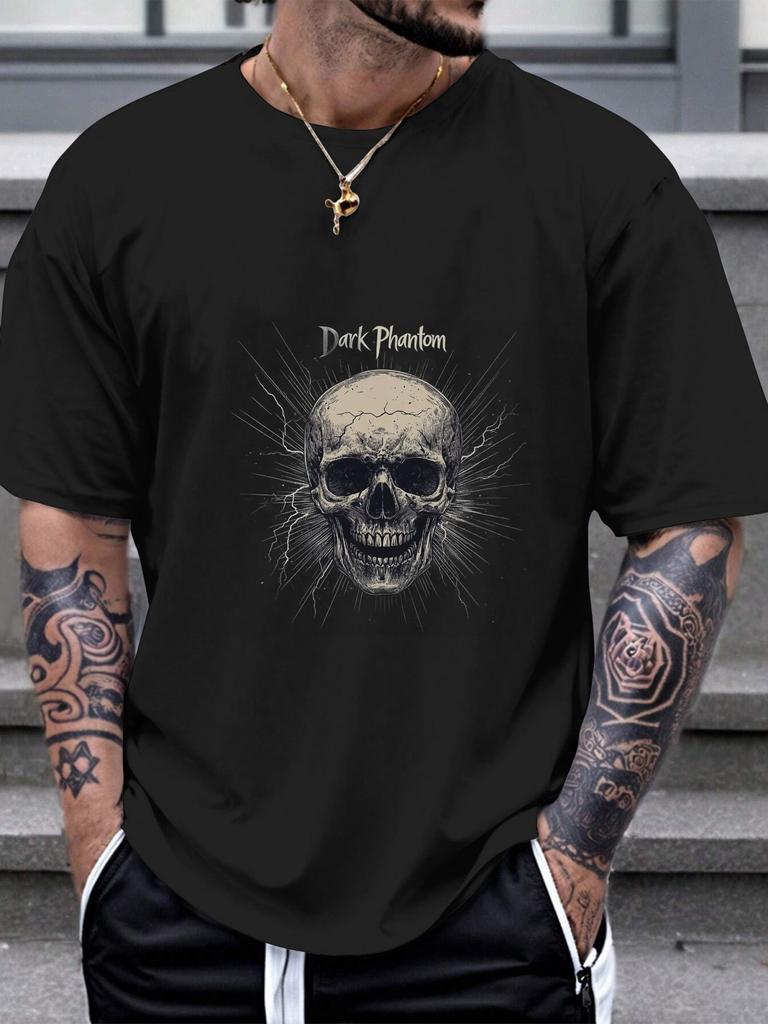 Dark Phantom Graphic T-shirt - Bold Black & White Skull & Lightning Design