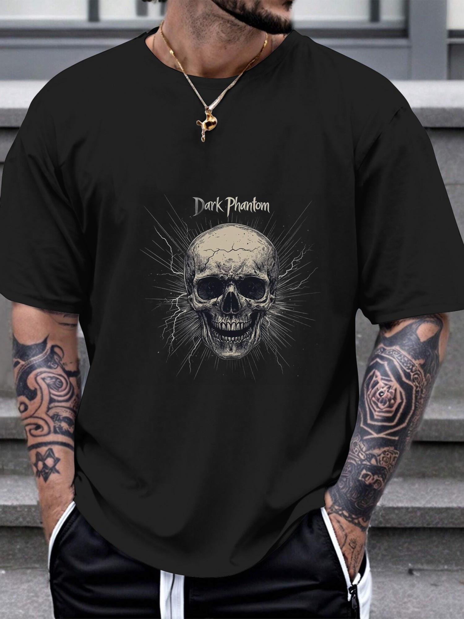 Dark Phantom Graphic T-shirt - Bold Black & White Skull & Lightning Design XXL