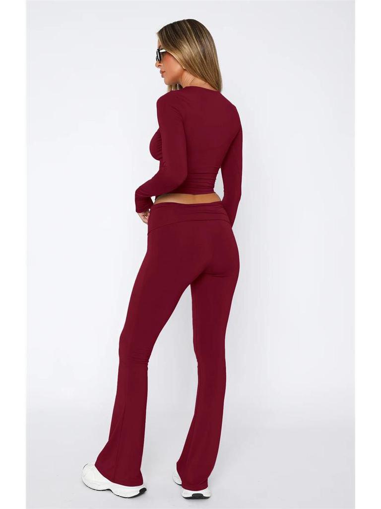 2024 Euro-American Women's Fashion Long Sleeve Pullover & Slim Fit Flared Pants Set