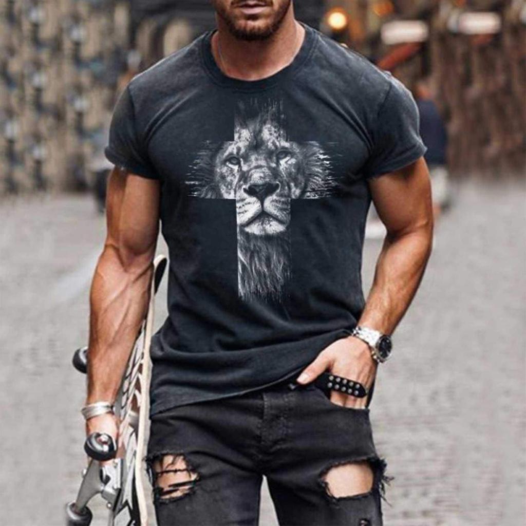 Men's Street Fashion Cross Belief Printed Round Collar Short Sleeve T Sleeve