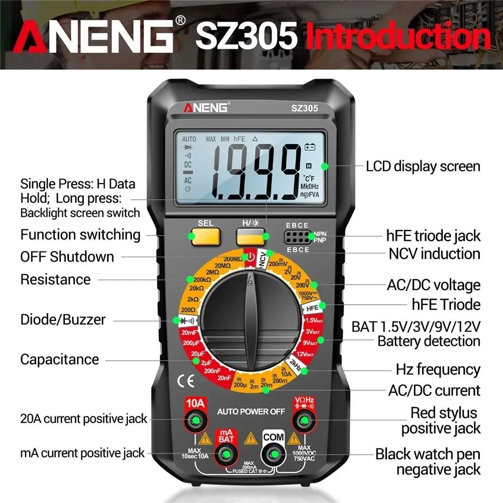 Aneng SZ305 Professional Multimeter Digital Tester NCV 1999 Count AC/DC Voltage Ammeter Hz Voltage Induction Electrician Tester with Digital Display